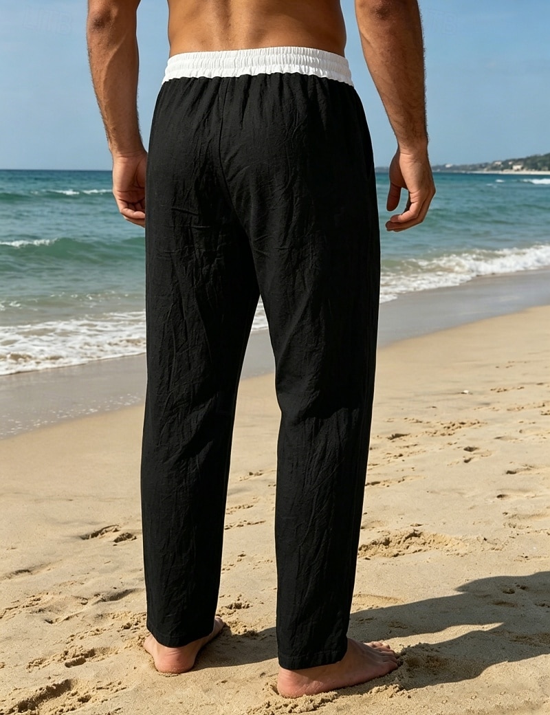 Men's Linen Pants Trousers Summer Pants Beach Pants Drawstring Pocket Elastic Waist Color Block Comfort Breathable Knee Length Daily Outdoor Beach Vacation Fashion Black White Inelastic 2026 - $26.99 –P17