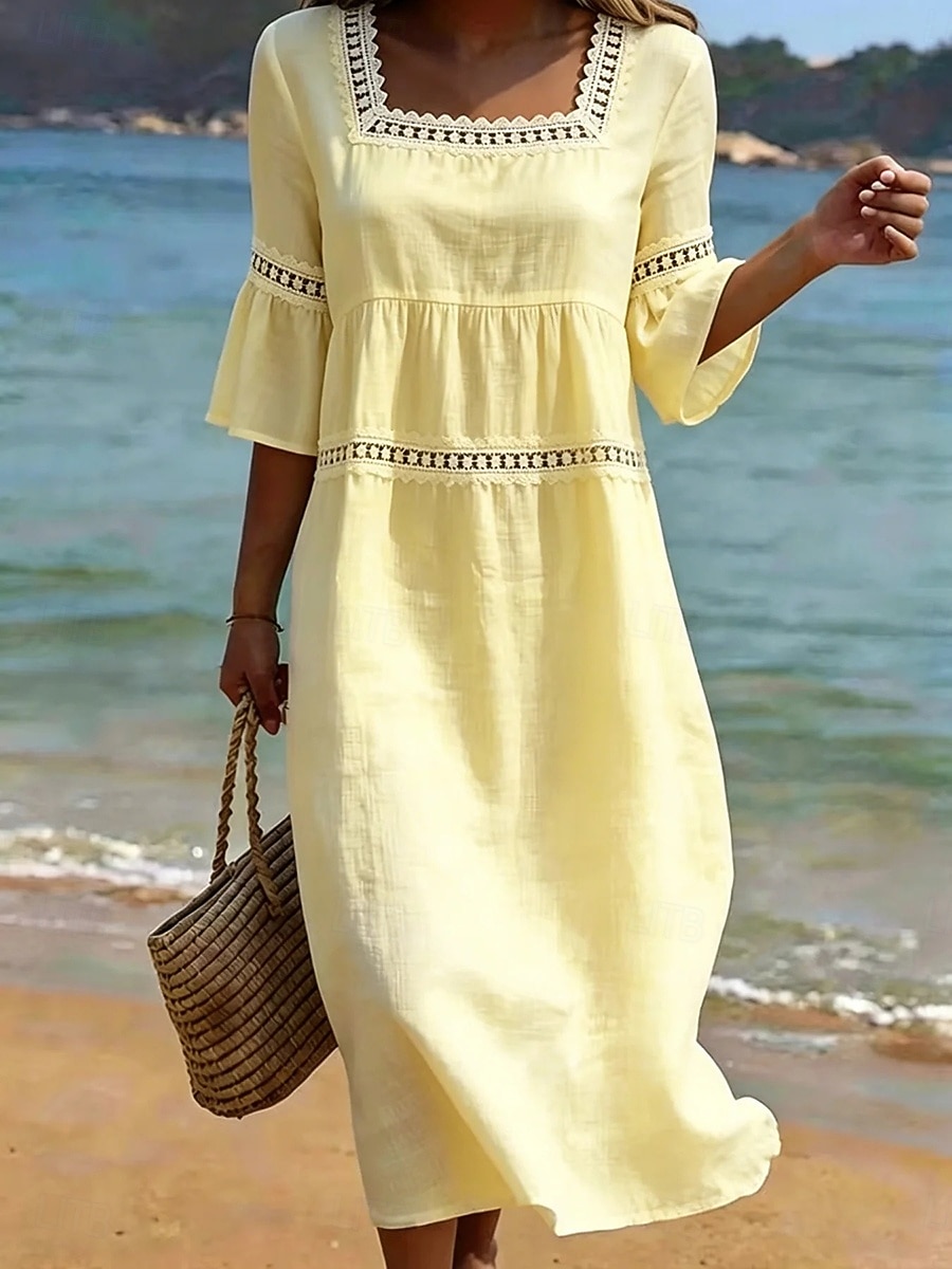 Women's Midi Dress Shift Dress Casual Beach Holiday Loose Fit Plain 3/4 Length Sleeve V Neck Blue Wedgewood White Yellow Summer Spring 2026 - $35.99 –P4