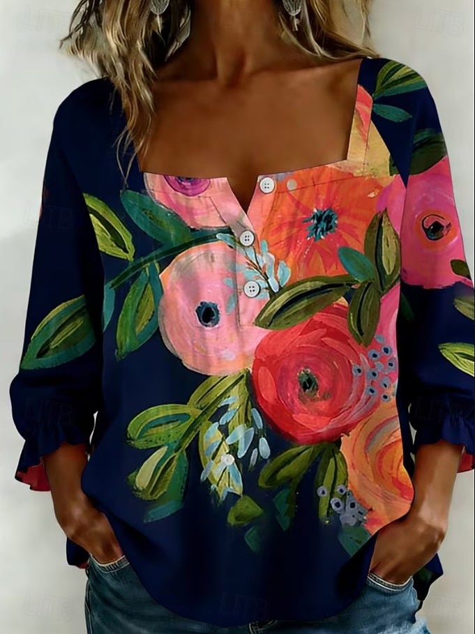 Per donna Blusa Stampato Floreale Grafico Vintage Quotidiano Elegante Manica 3/4 Collo quadrato Top corti Casuale Quotidiano Blu scuro Estate Primavera del 2026 a $33.99 –P1