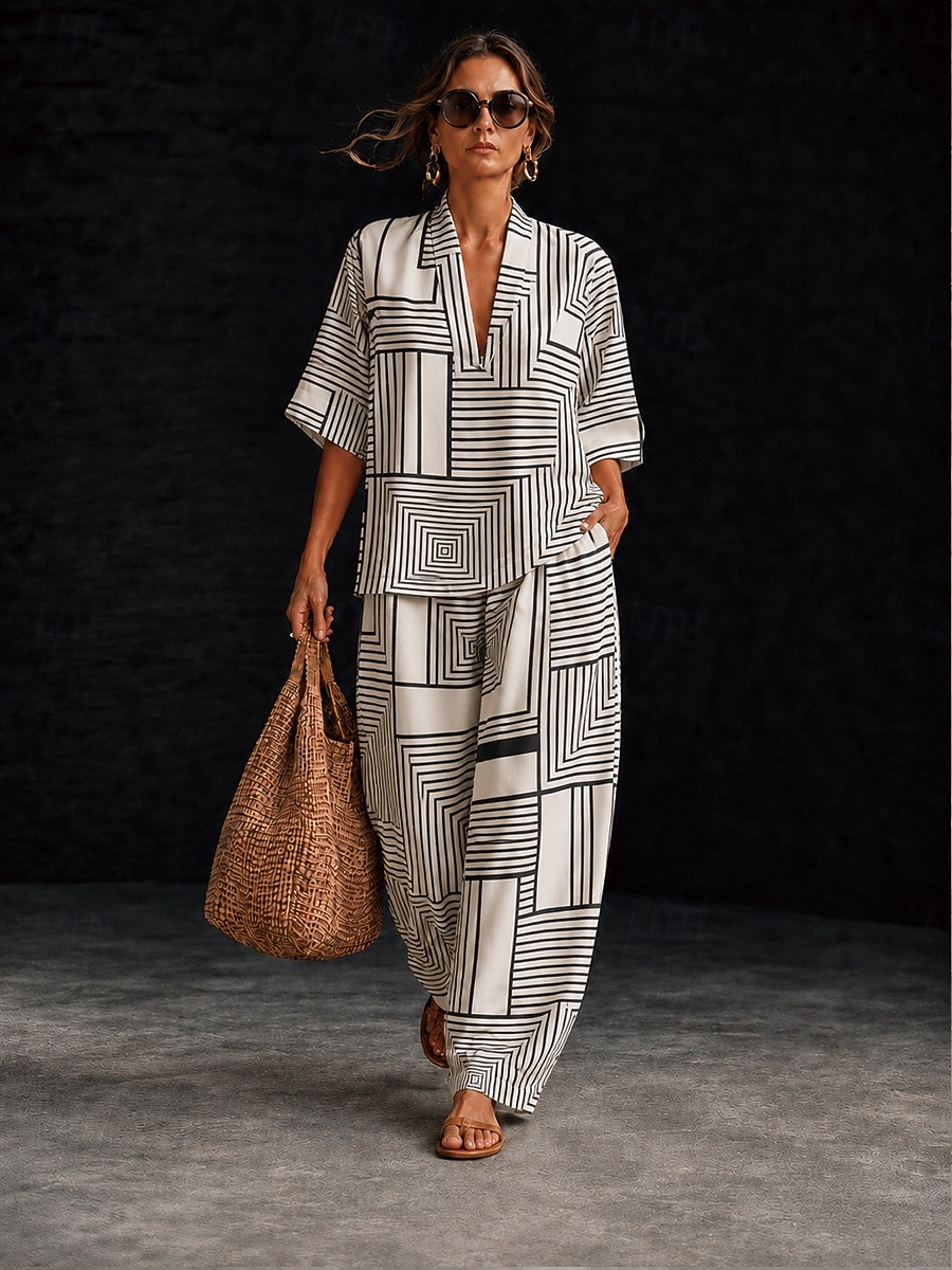 Damen Hemd Baumwoll-Leinen-Sets Hosen-Sets Kurzarm Dreiviertelarm V Ausschnitt Blumen Grafik Geometrisch Druck Urlaub Mode Streetwear Lässig Täglich Outdoor Weiß Beige Frühling & Sommer Lässiger 2026 - $55.99 –P1