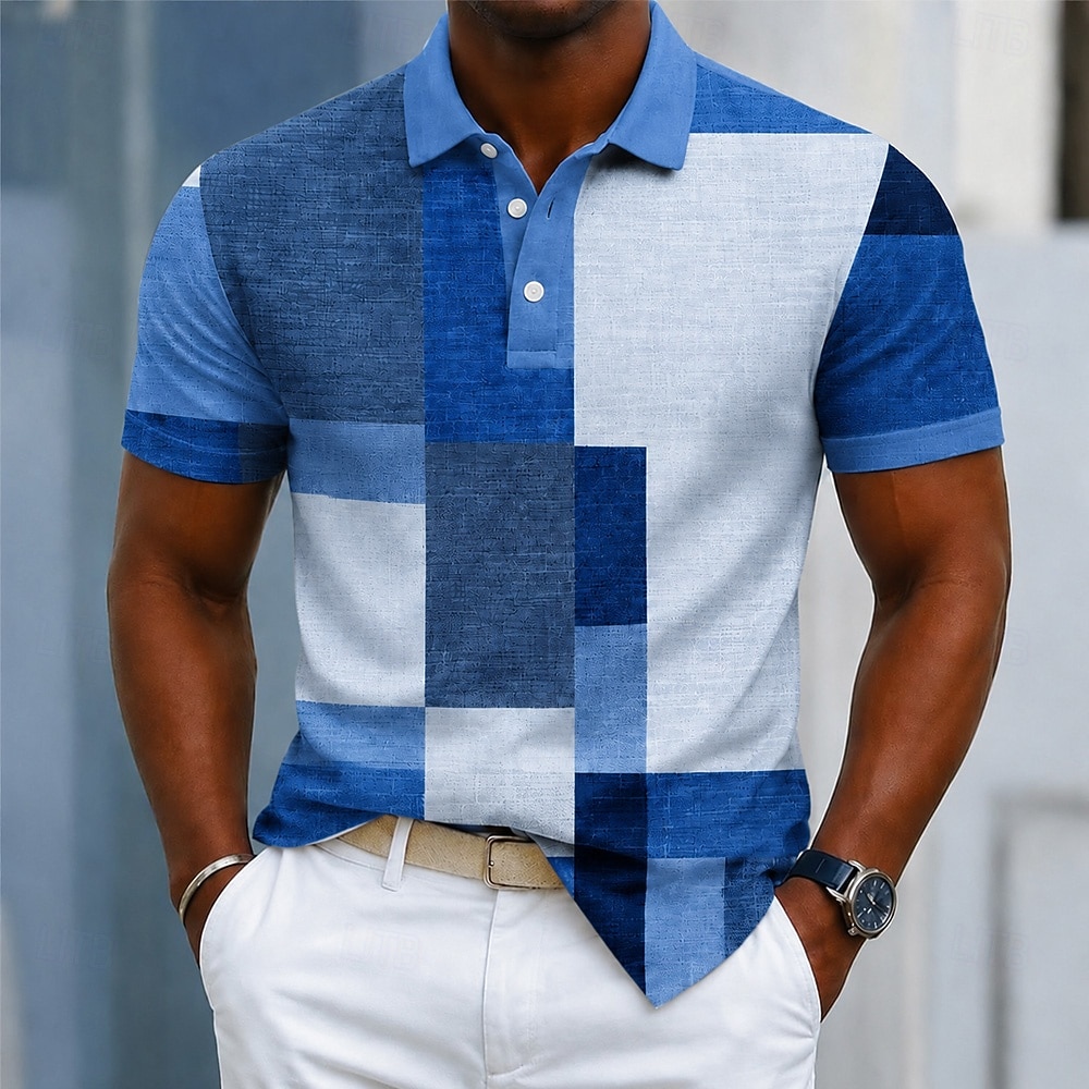 Per uomo Blocco di colori Geometrico Polo Manica Corta Magliette polo Camicie con Colletto Casual Athleisure Stampa 3D Bottoni Tessuto retato traspirante Primavera & Estate Blu Viola Verde del 2026 a $22.99 –P3