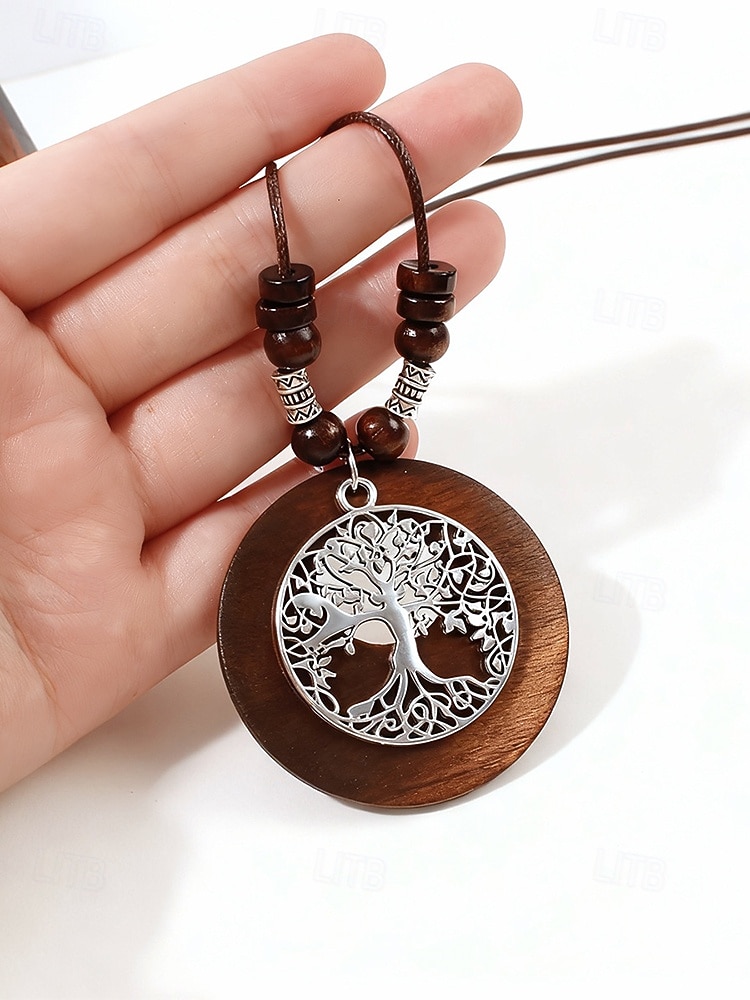 Dames boho lange hangerketting - vintage hout &Truienketting van legeringskralen met bladmotief &Levensboom bedeltjes voor een zomervakantie aan het strand, of als casual kleding voor elke dag. 2026 - $7.99 –P7