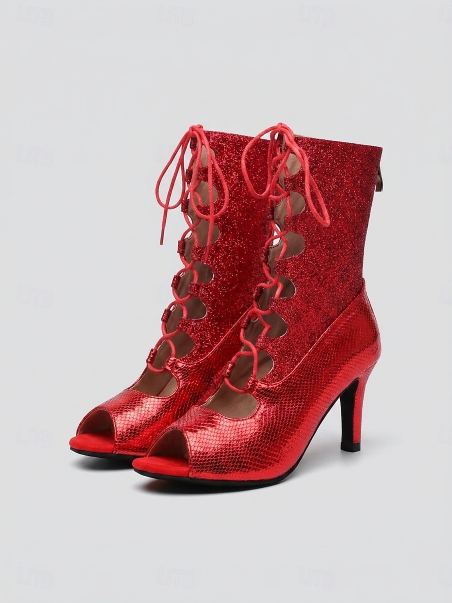 Botas de dança latina femininas vermelhas com glitter – sapatos de salto alto com cadarço e bico aberto para salsa e dança de salão. &dança de tango de 2026 por $64.99 –P1