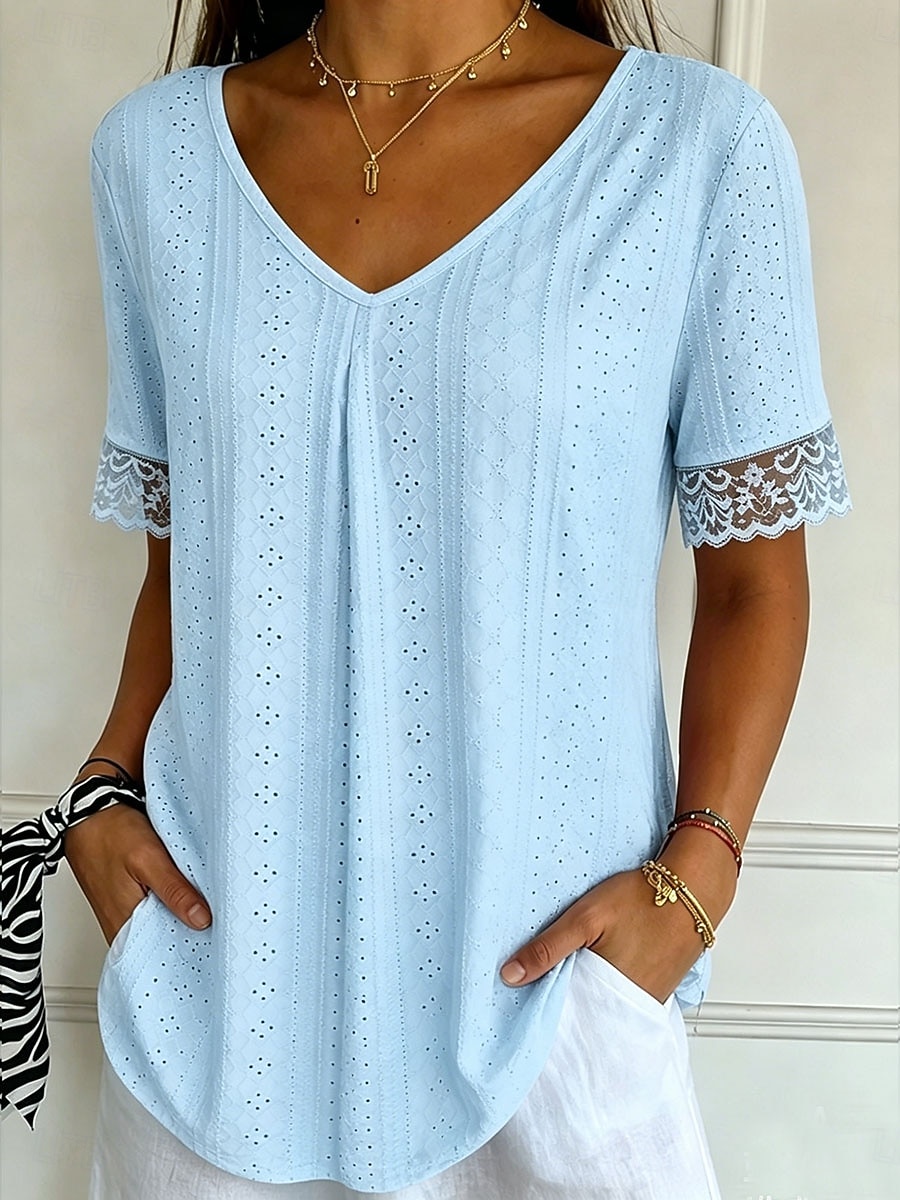 Women's T Shirt Lace Solid Color Vintage Stylish Casual Short Sleeve V Neck Regular Tops Casual Daily Blue White Pink Purple Summer Spring 2026 - $24.99 –P3