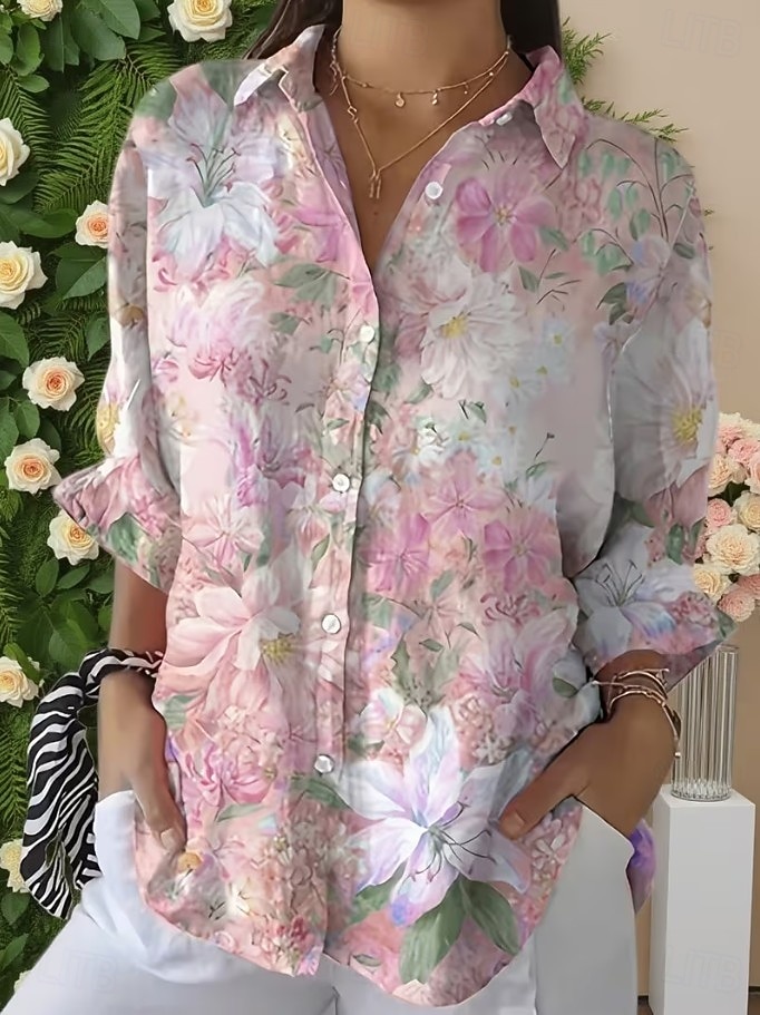 Dame Skjorte Rynket Blomstret Grafisk Elegant Ferie Stilfull 3/4 ermer Skjortekrage Crop Tops Avslappet Daglig Arbeid Hvit Gul Rosa Lys Lilla Lilla Sommer Vår 2026 - $41.99 –P6
