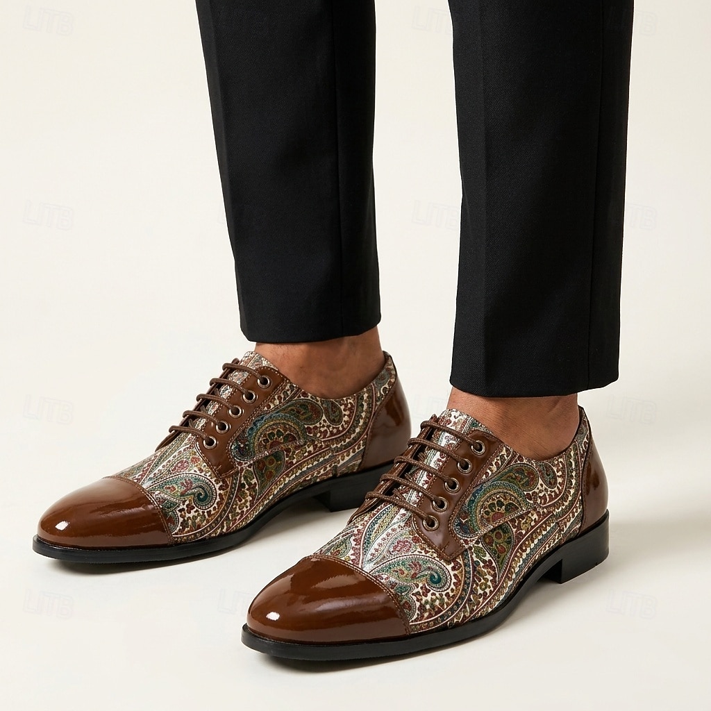 Zapatos Oxford marrones con estampado paisley para hombre, zapatos de vestir con cordones, puntera brillante, calzado elegante para bodas, banquetes, fiestas y ocasiones especiales. 2026 - $46.99 –P4
