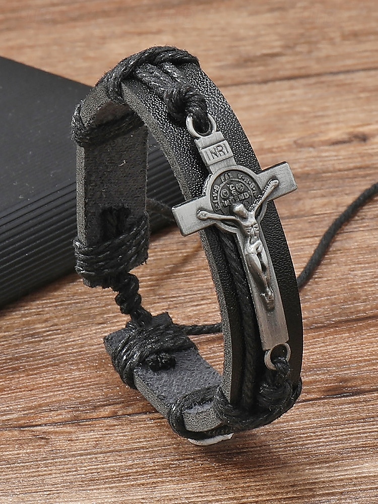 Pulseira masculina de couro genuíno com liga metálica e cruz, ajustável nas cores preta ou marrom, joia vintage casual para uso diário, viagens e looks de férias. de 2026 por $7.99 –P7
