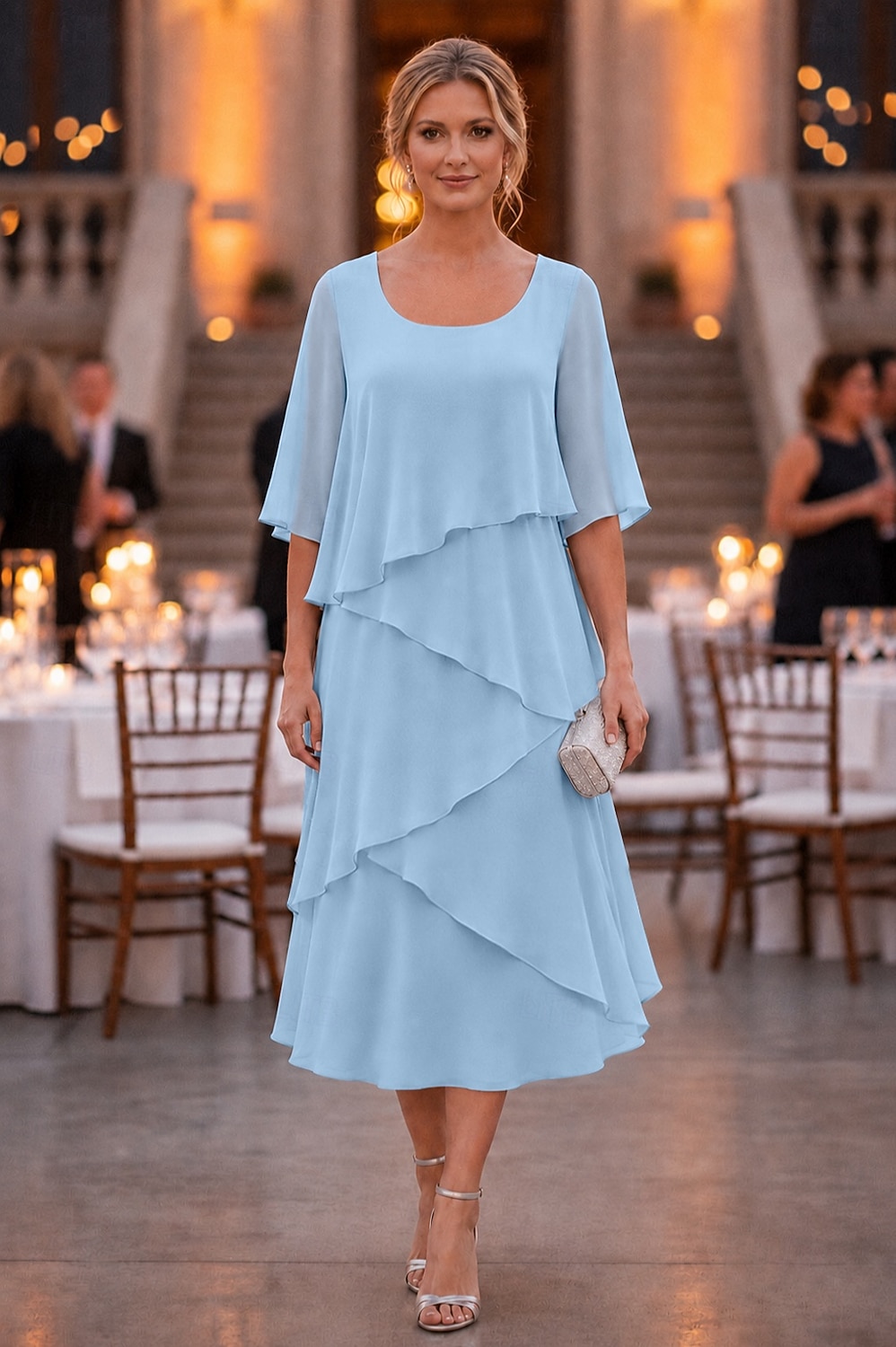 abito a tubino a colonna lunghezza tè abito da festa abito da cocktail abito da invitata a nozze abito da madre della sposa mezza manica scollo a U elegante formale chiffon con volant del 2026 a $137.99 –P2