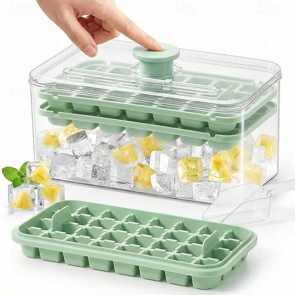 Bandeja para cubitos de hielo de 28/56 compartimentos con tapa y un solo botón. &Contenedor, máquina para hacer cubitos de hielo de fácil extracción con cuchara &Recipiente de almacenamiento, molde de 2026 - $11.99 –P4