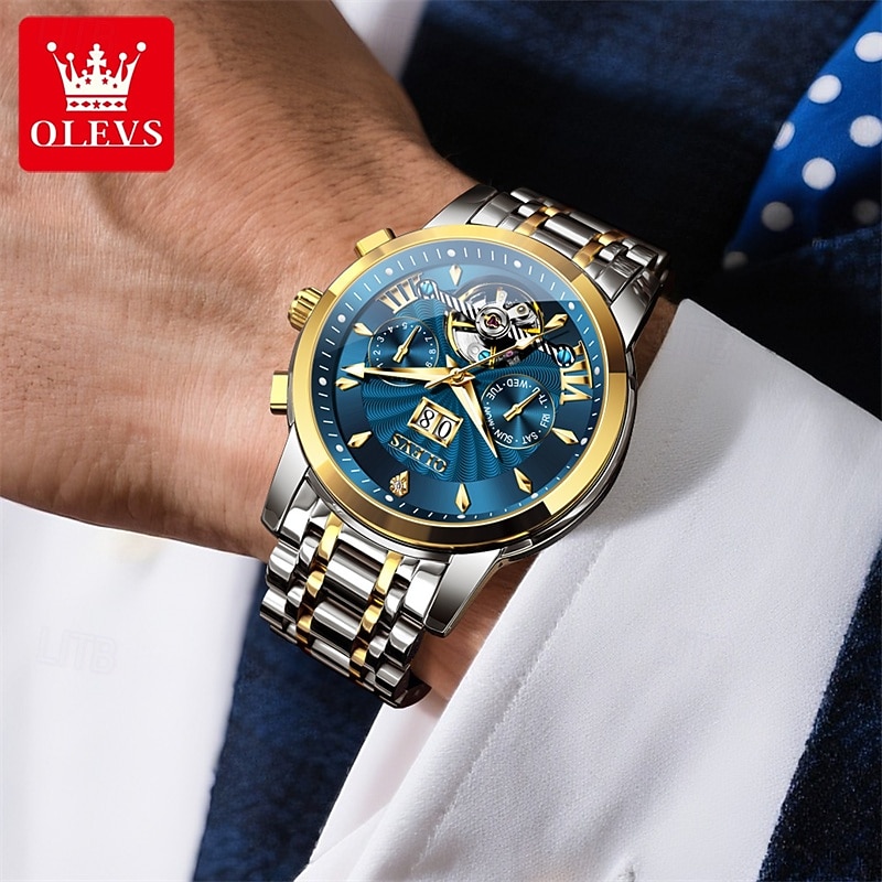 Men's Luxury Automatic Mechanical Watch, Two Tone Stainless Steel, Blue Dial Skeleton Tourbillon Style, Self-Winding Business Wristwatch with Big Date Day 24H Waterproof Luminous Gift for Him 2026 - $96.99 –P17