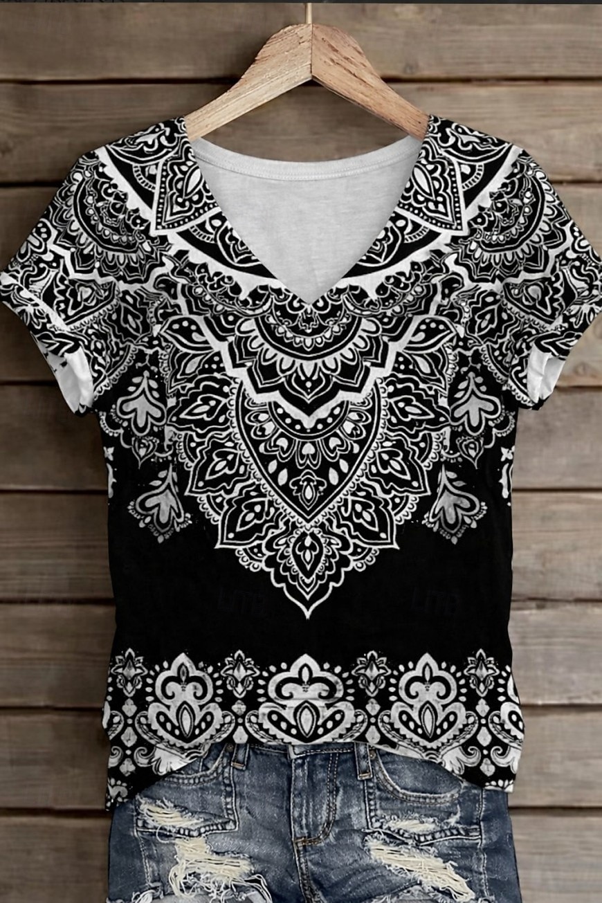 Women's T Shirt Print Floral Graphic Plants Vintage Stylish Classic Short Sleeve V Neck Regular Tops Daily Weekend Blue Brown Gray Summer Spring Fall Winter 2026 - $21.99 –P1
