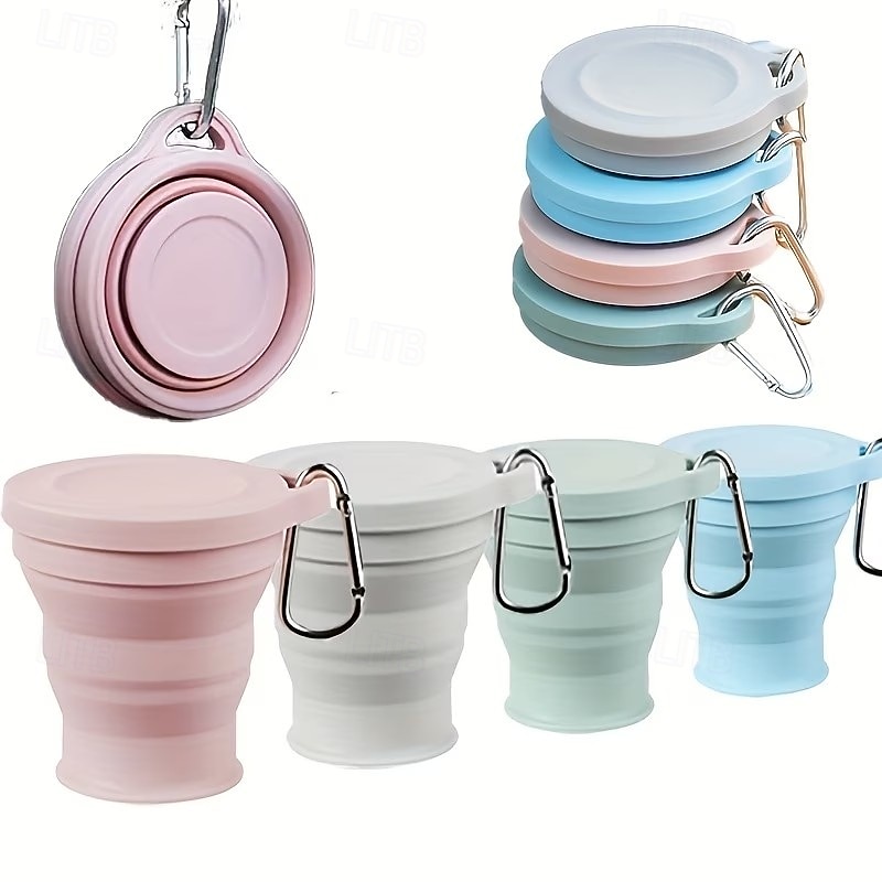 Conjunto de 3/6 copos dobráveis de silicone para uso externo com mosquetão, copos de bebida dobráveis, copos de água criativos e práticos com tampa de silicone multiuso. de 2026 por $14.49 –P5