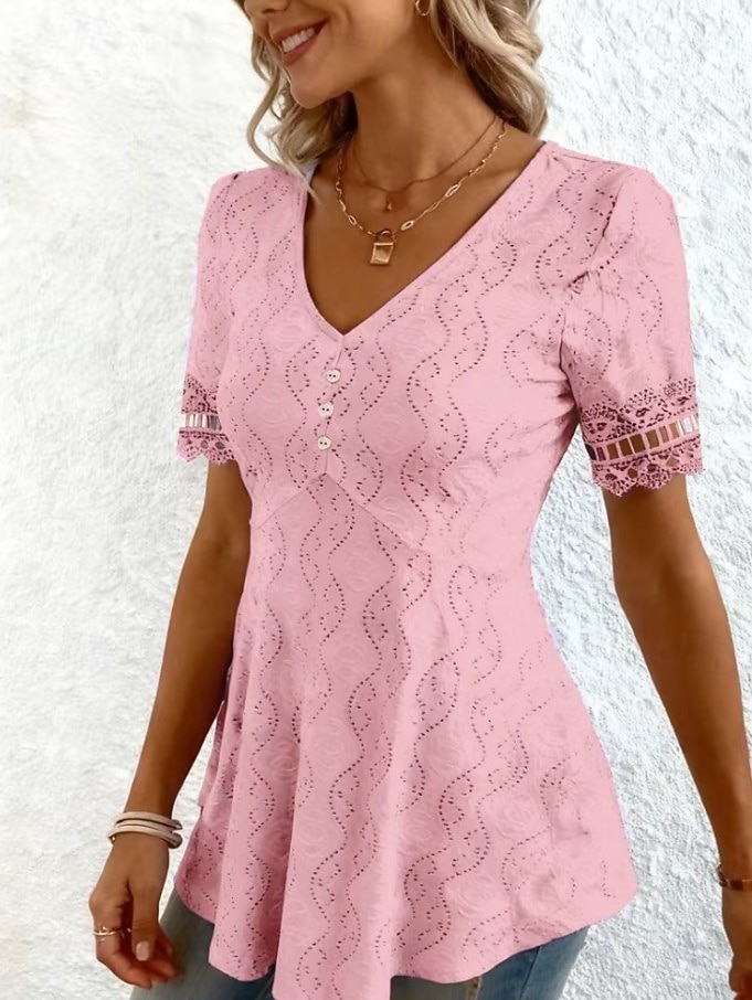 Per donna Blusa con texture Elegant Elegante Bohemien Vintage Manica Corta Scollo a V Top corti Casuale Quotidiano Uscire Albicocca rosa Nero Bianco Rosa Viola Estate Primavera del 2026 a $22.99 –P6