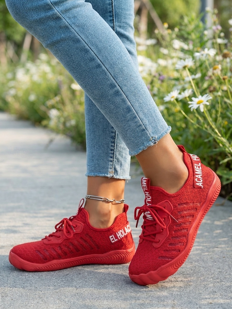 Women's Red Mesh Sneakers with Lace-U Accents - Casual Wide-fit Footwear, Breathable and Lightweight Barefoot Shoes for All-day Comfort, Walking & Travel 2026 - $24.99 –P1