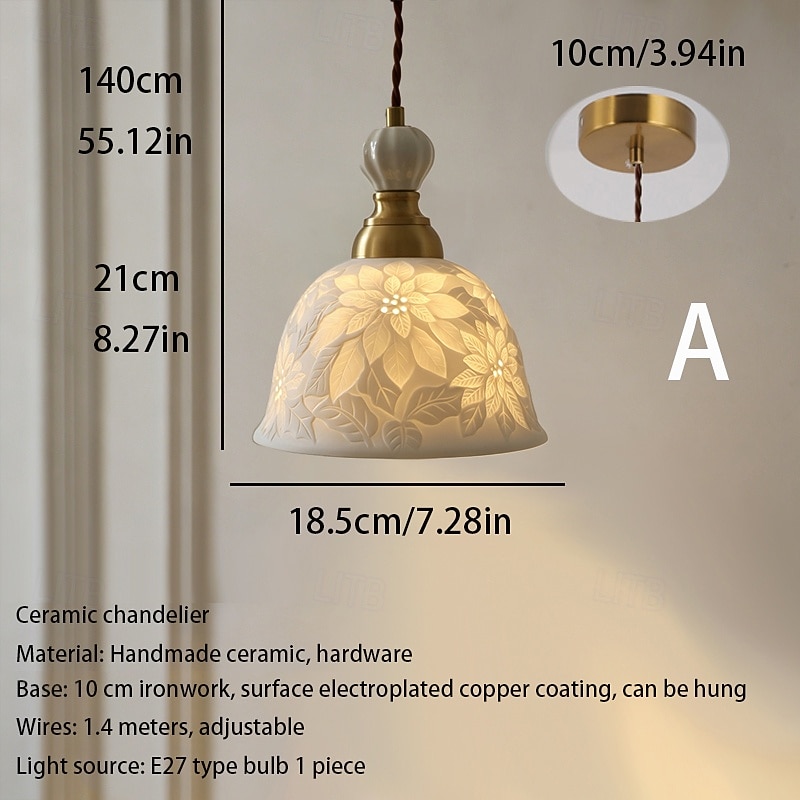 Elegante Pendel-/Wandleuchte mit Rosenkeramik-Motiv (E27), Vintage-Bauernhausstil, höhenverstellbarer Kronleuchter für Cafés, Restaurants und Flure 2026 - $190.99 –P7