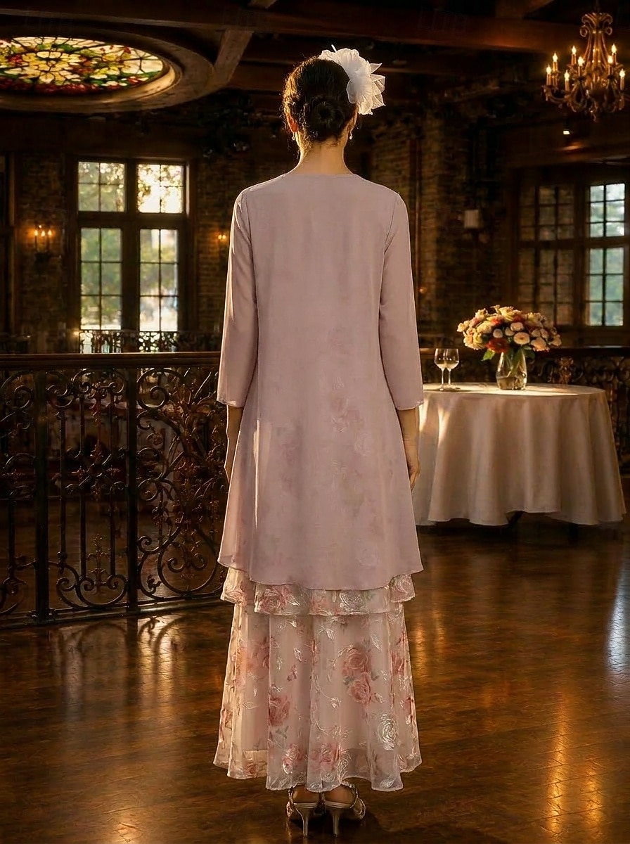 Two Piece A-Line Ankle Length Wedding Guest Dress Loose Mother of the Bride Dress 3/4 Length Sleeve Scoop Neck Elegant Simple Casual Formal Wedding Guest Holiday Chiffon Wrap Included with Floral 2026 - $159.99 –P4