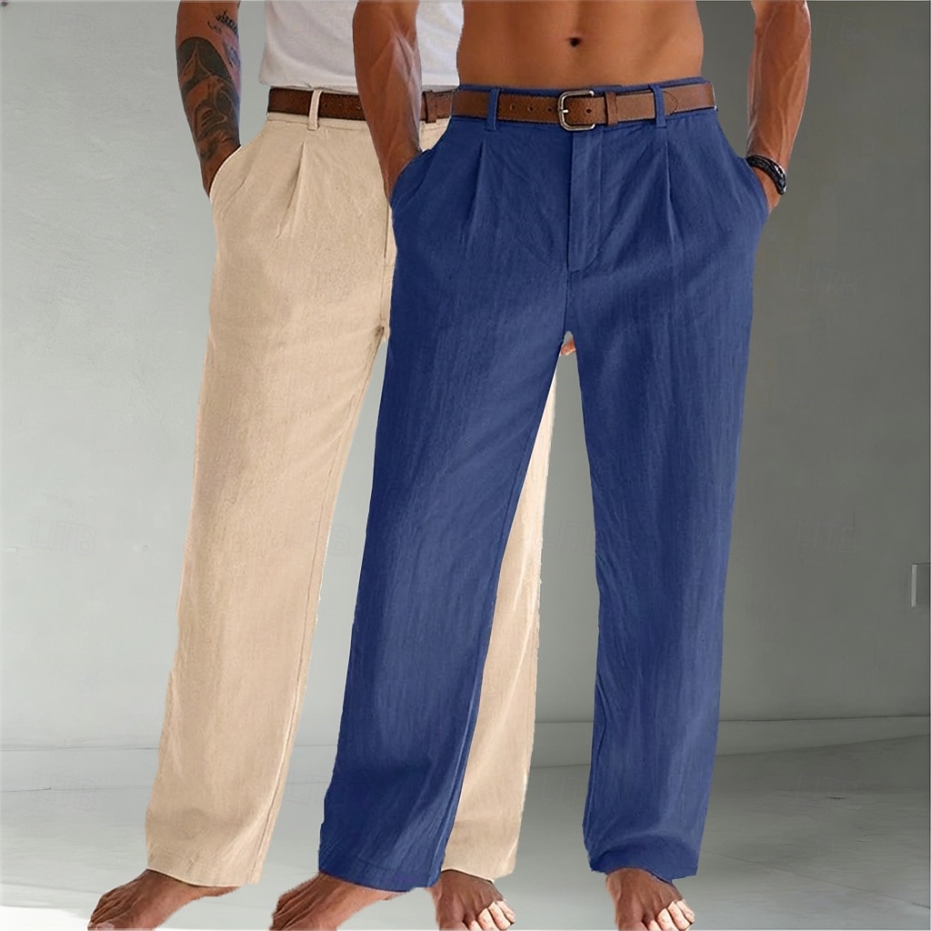 Homens Calças de linho Calças Calça verão Calças largas Calças de praia Bolsos Tecido Conforto Respirável Comprimento total Casual Diário Ao ar livre Moda Negócio Bege + preto Branco+Azul Marinho Sem de 2026 por $45.99 –P4