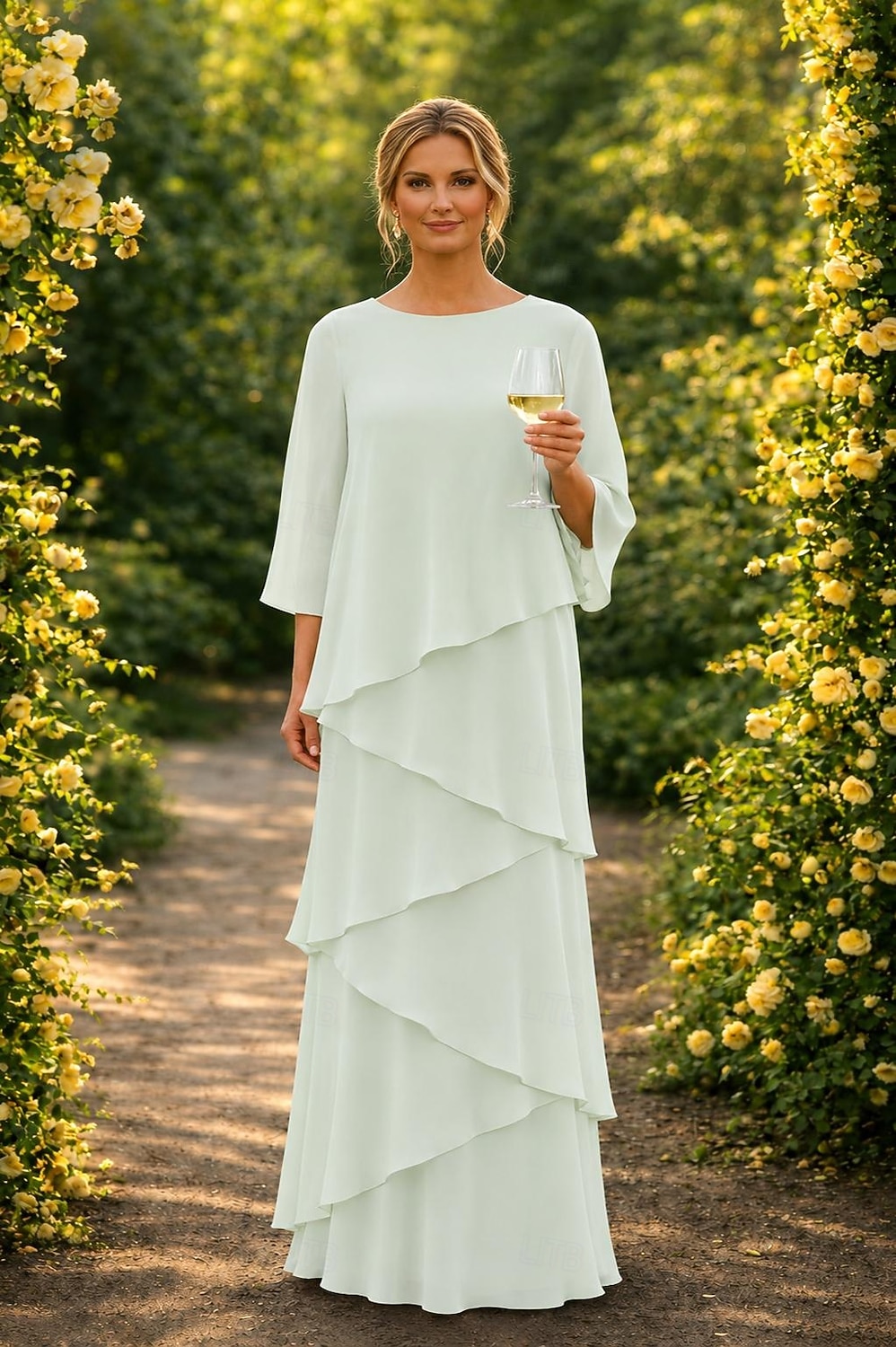 Funda Columna Hasta el Suelo Vestido Invitada Boda Vestido formal Vestido de noche Vestido de Madrina Manga 3/4 Cuello Barco Elegante Formal Gasa con Volantes 2026 - $172.99 –P17