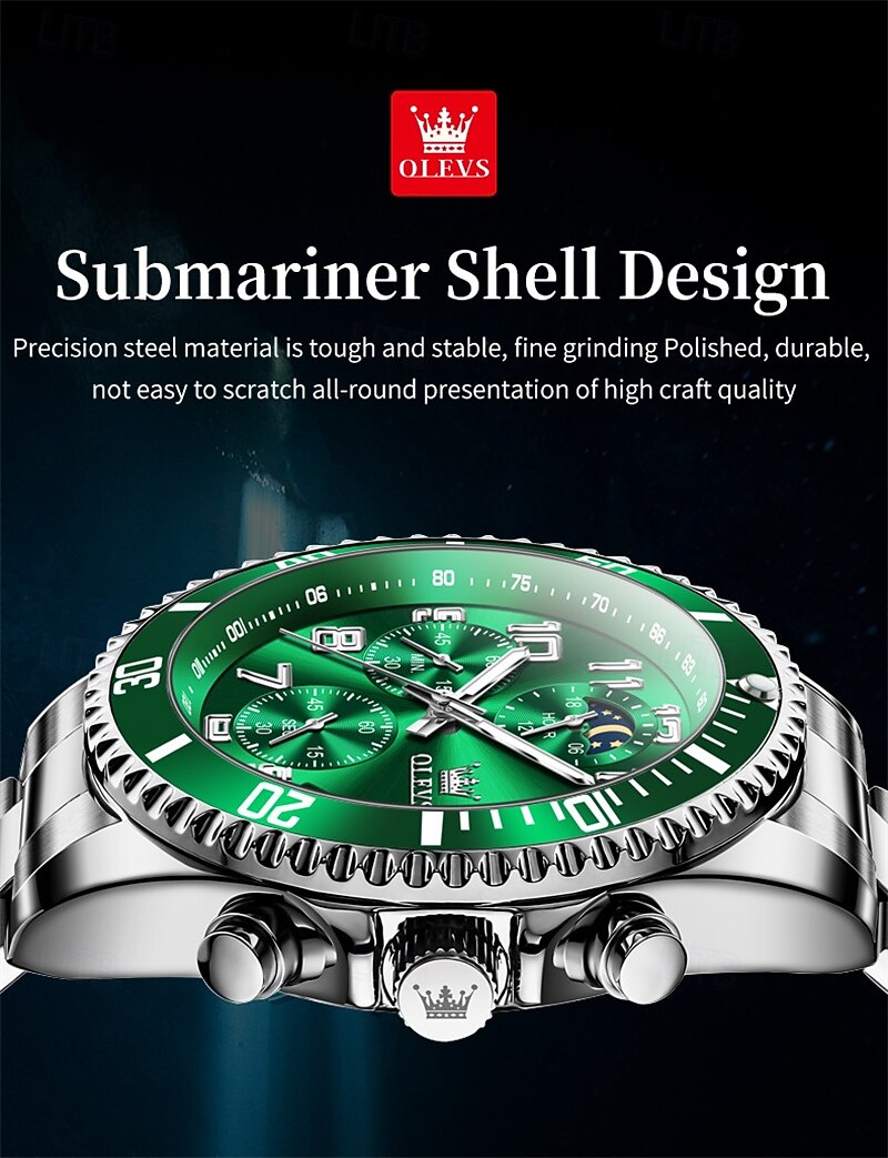 OLEVS Men's Chronograph Watch Luxury Green Face Two Tone Stainless Steel Moon Phase Waterproof Luminous Analog Quartz Wrist Watch for Men Big Face Fashion Sport Business Watch Gifts for Him 2026 - $39.99 –P4