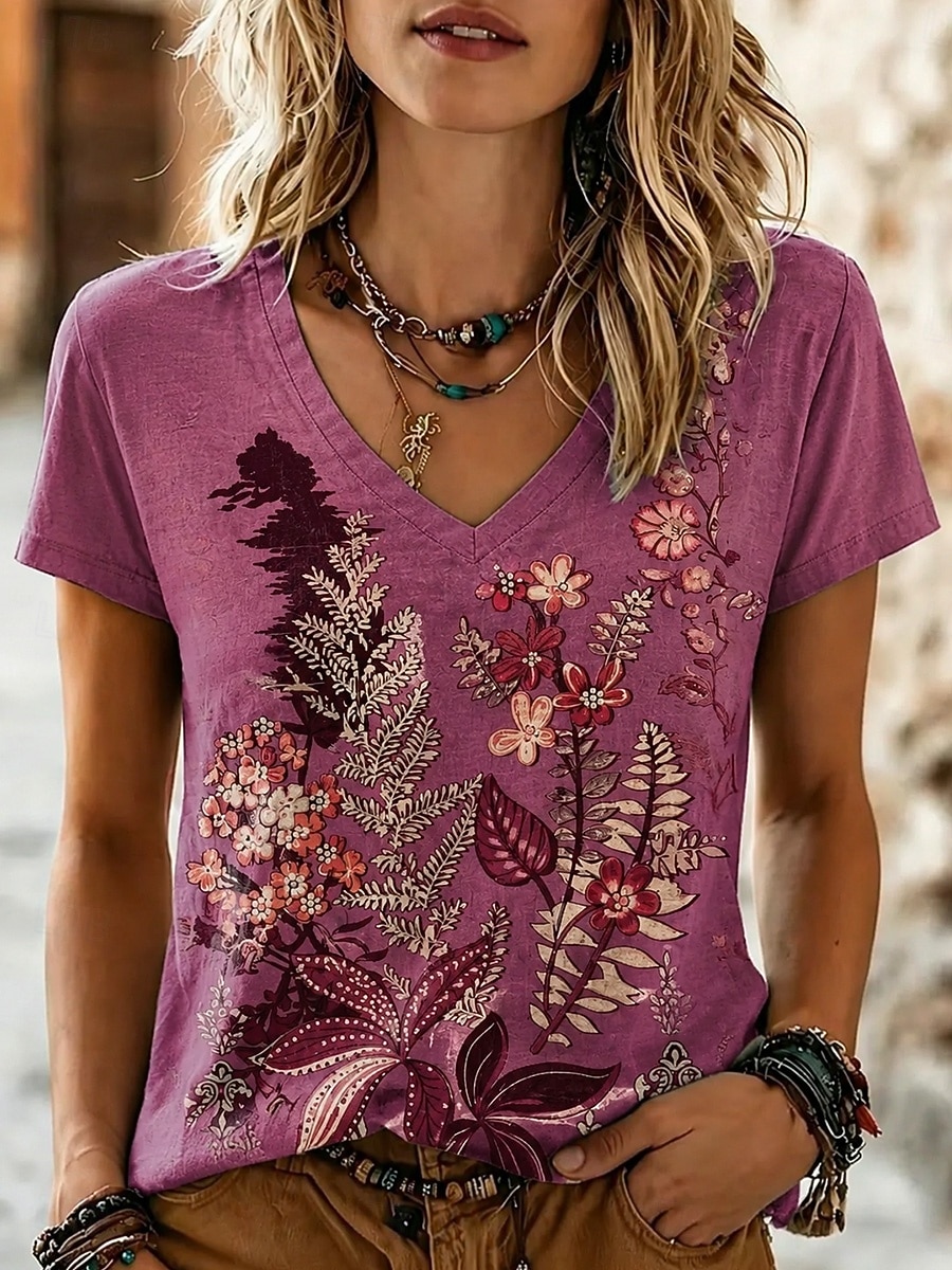 Per donna Maglietta Stampato Floreale Grafico Tribale Elegante Classico Casual Manica Corta Scollo a V Top Regolari Casuale Quotidiano Rosso Estate Primavera del 2026 a $21.99 –P3