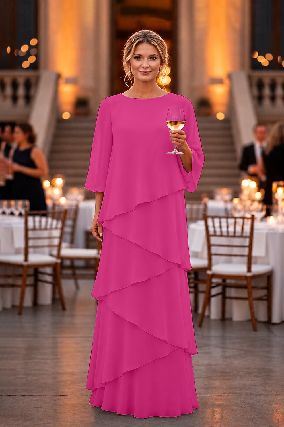 Funda Columna Hasta el Suelo Vestido Invitada Boda Vestido formal Vestido de noche Vestido de Madrina Manga 3/4 Cuello Barco Elegante Formal Gasa con Volantes 2026 - $172.99 –P7