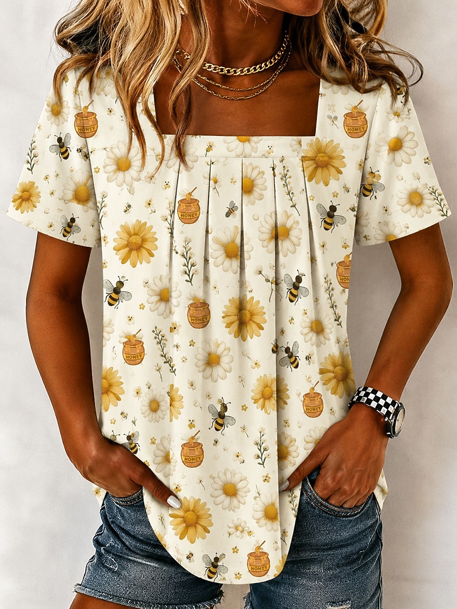 Per donna Maglietta Stampato Floreale Grafico Vintage Elegante Classico Manica Corta Collo quadrato Top Regolari Quotidiano Weekend Blu Giallo Viola Estate Primavera del 2026 a $25.99 –P3