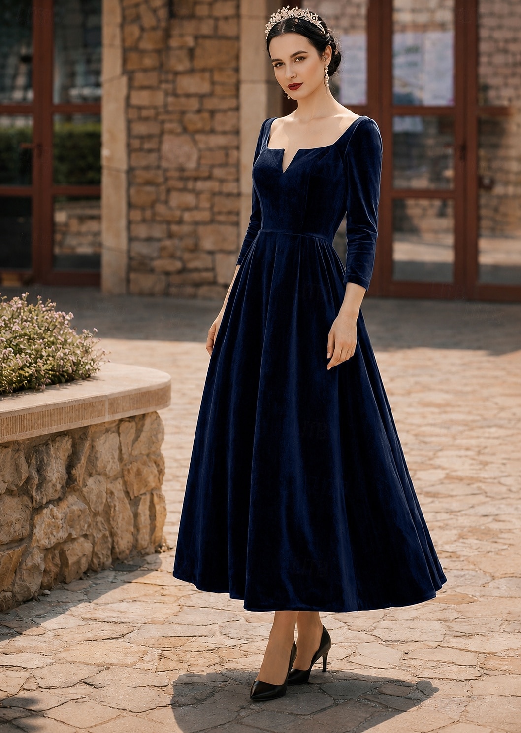 Ligne A Longueur cheville Robe de Soirée Robe de Cocktail Robe d'invité de mariage Robe de Mère de Mariée  manche longue Col en V Élégant robe demoiselle d honneur Fête de mariage Velours avec Plis de 2026 ? $160.99 –P4