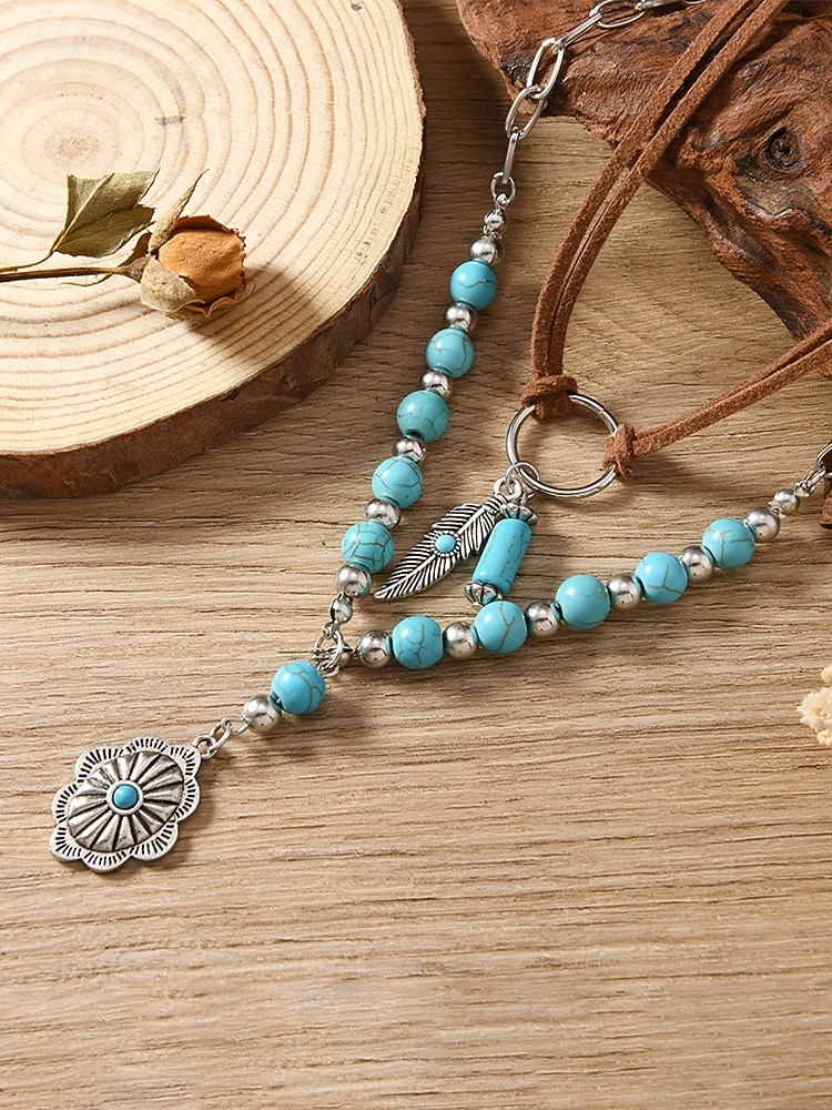 collana da donna bohémien a strati con perline turchesi, catena d'argento e piuma &Ciondolo a forma di fiore, cinturino in finta pelle scamosciata, casual e da vacanza del 2026 a $11.99 –P4