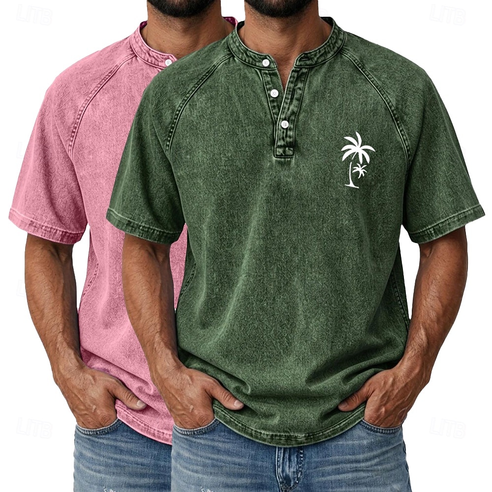 SoftFade™ Men's 2-PCS Coconut Tree T Shirt Demin Shirt 100% Cotton Acid Wash Shirt Short Sleeve Vintage Streetwear Casual Home Street Summer Spring Black Light Green Light Blue Stand 2026 - $62.99 –P13