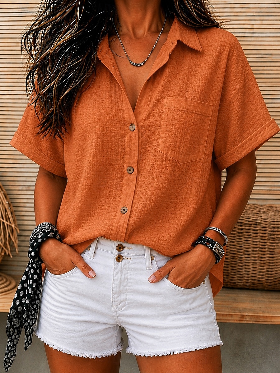 Women's Vintage Sand Wash 100% Cotton Texture Pocket Solid Color Plain Short Sleeve Regular Tops Casual White Orange Light Blue Summer 2026 - $33.99 –P2