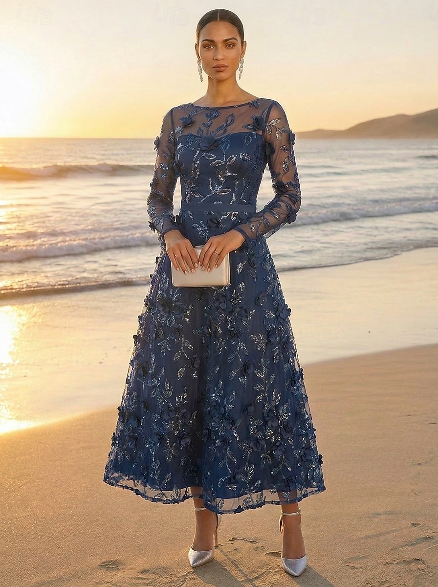 A-Line Dress Ankle Length Cocktail Dress Wedding Guest Dress Mother of the Bride Dress Long Sleeve V Neck Elegant Luxurious Casual Formal Wedding Guest Kentucky Derby Lace Tulle with 3D Flowers 2026 - $171.99 –P1