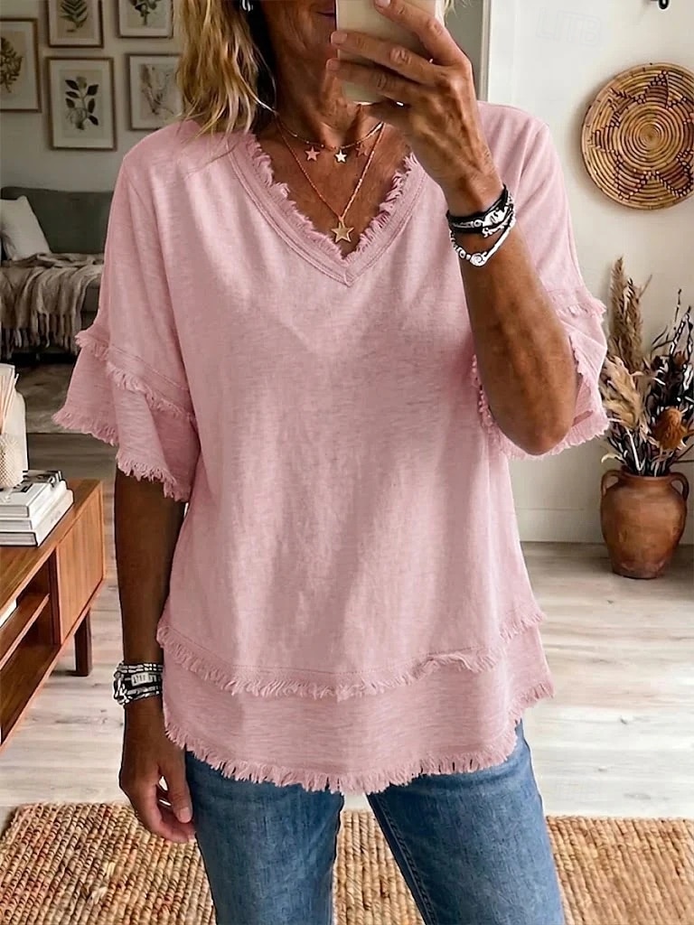 Dame Bluse Helfarge Årgang Stilfull Grunnleggende Kortermet V-hals Vanlige topper Avslappet Daglig Blå Svart Hvit Gul Rosa Sommer Vår 2026 - $27.99 –P7