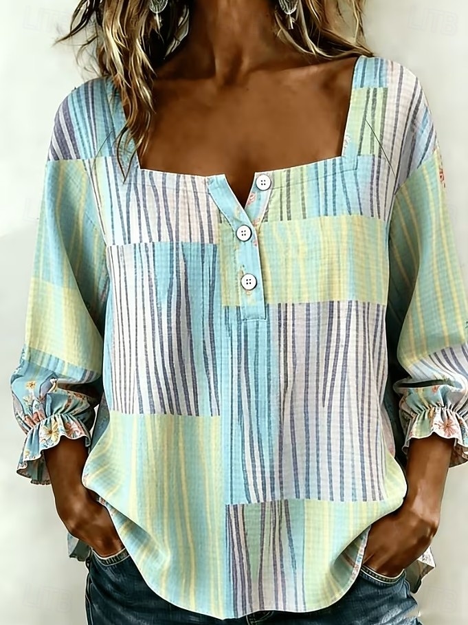Martedì grasso Per donna Blusa Patchwork Bottoni Stampato Grafico Geometrico Astratto Quotidiano Elegante Casual Mezza Manica Collo quadrato Top lunghi Casuale Quotidiano Verde chiaro Estate Primavera del 2026 a $29.99 –P1