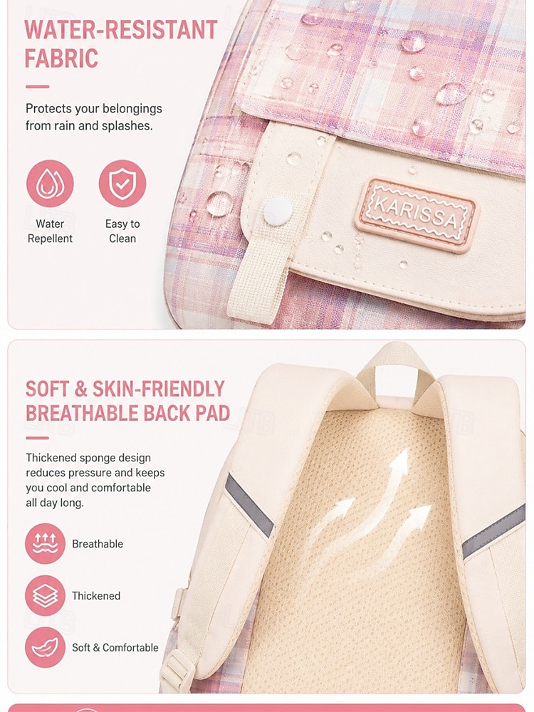 Girls Plaid Backpack for School, Large Capacity Multi Pocket Polyester Bookbag, Cute Pink Travel School Backpack with Laptop Compartment, Water Resistant for Elementary & Middle School 2026 - €36.99 –P10