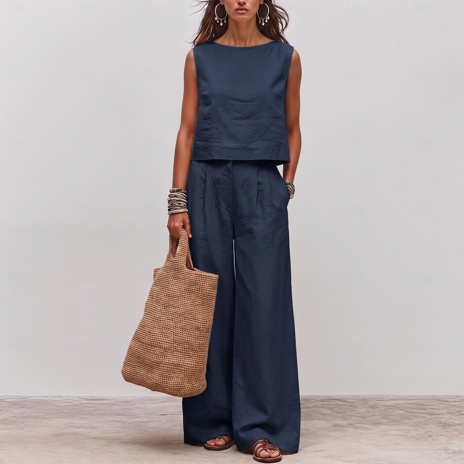 Damen Baumwoll-Leinen-Sets Ärmellos Rundhals Einfach Marineblau Kaki Militßrgrün Sommer Lässiger Schnitt 2026 - $34.99 –P2
