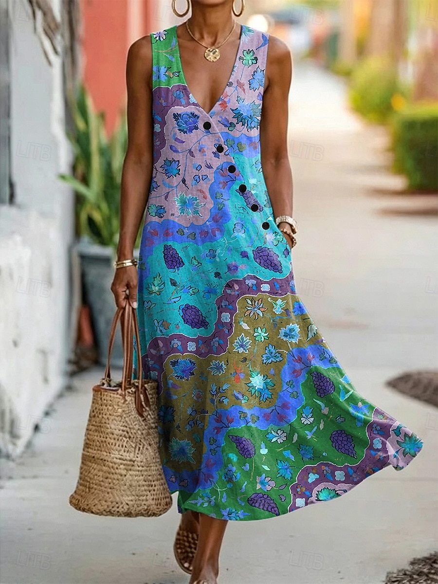 Dames Halflange jurk A lijn jurk Elegant Bohemen Etnisch Strand Feestdagen Normale pasvorm Bloemig Grafisch Mouwloos V-hals blauw Rood Paars Zomer Lente 2026 - $42.99 –P2
