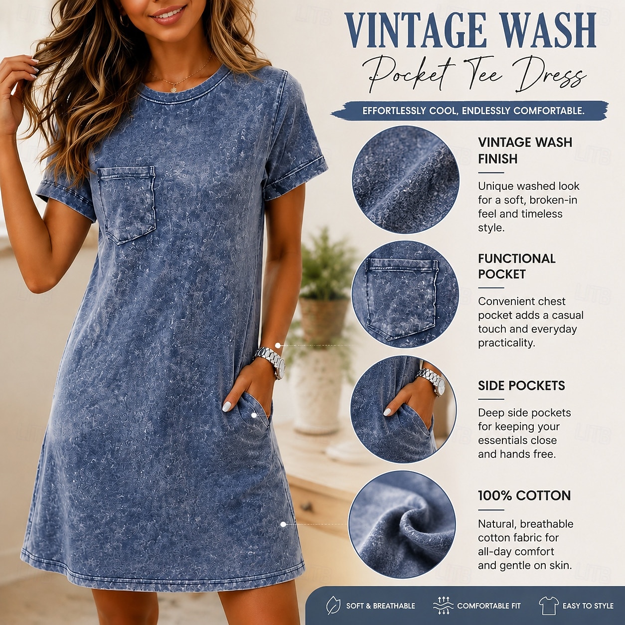 Abito t-shirt da donna 100% cotone, abito lavato, vestibilità regolare, tinta unita, maniche corte, scollo rotondo, lunghezza al ginocchio del 2026 a $11.49 –P2