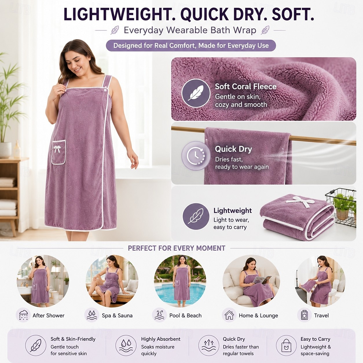 Prosop de baie pentru femei, purtabil, din fleece moale, cu aspect de coral, fustă de duș, ușoară, cu uscare rapidă, învelitoare spa 2026 - $6.3 –P2