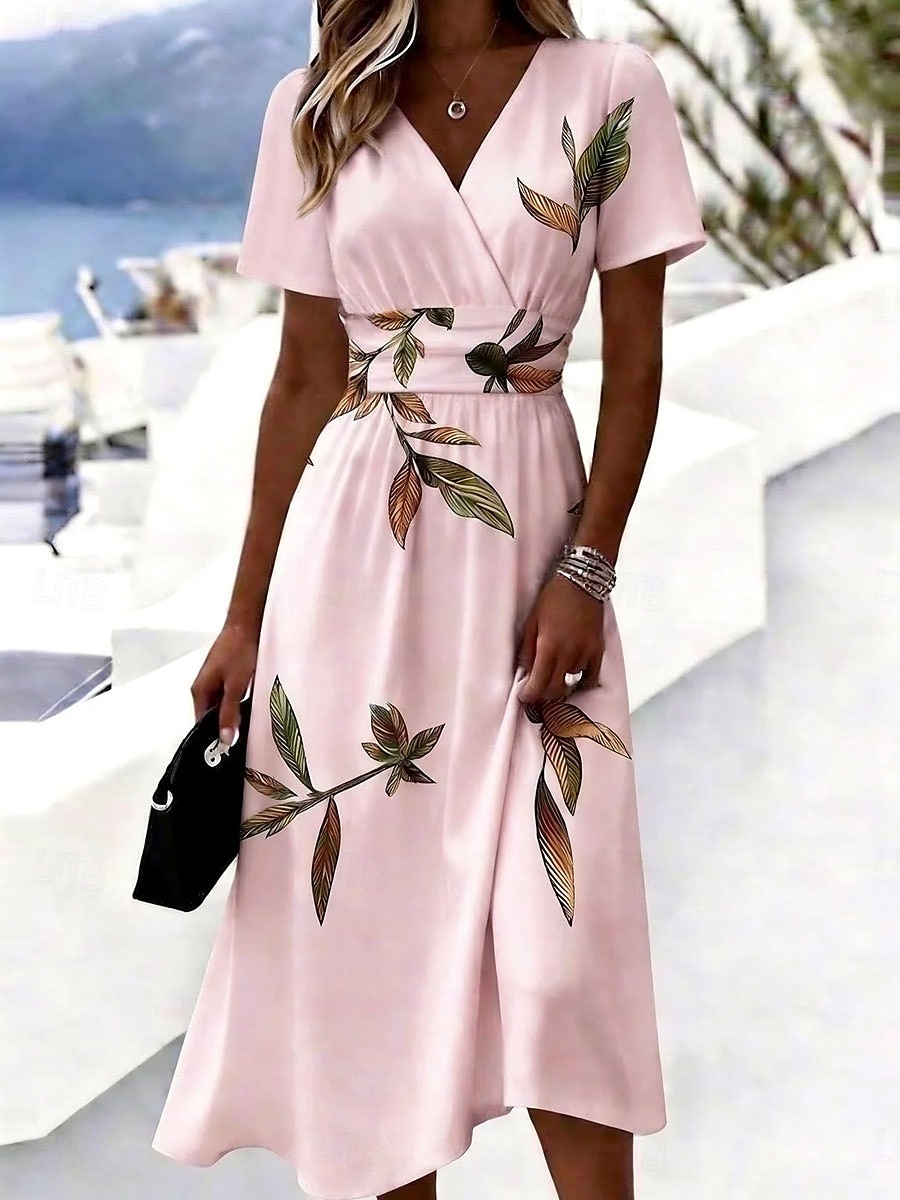 Women's Midi Dress A Line Dress Vacation Casual Boho Regular Fit Floral Graphic Short Sleeve V Neck Blue White Pink Beige Summer Spring 2026 - $37.99 –P5