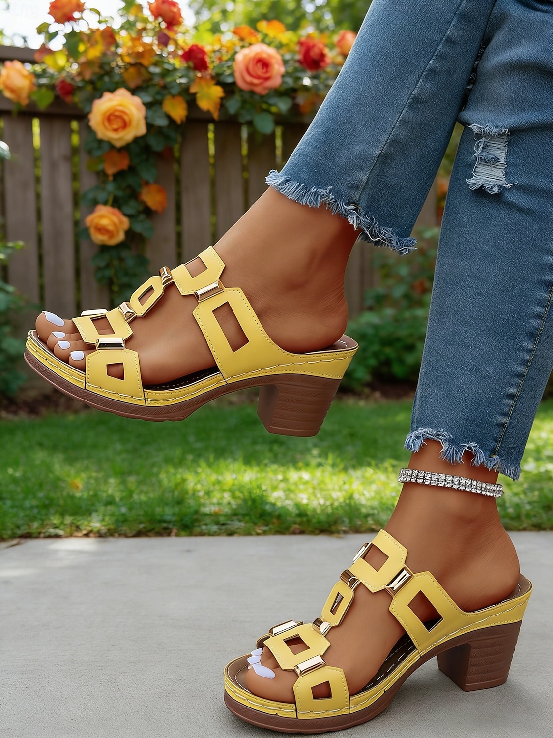 Sandalias casuales de tacón cuadrado verde para mujer, plantilla acolchada de apoyo, diseño de tacón medio estable para uso diario, paseos por la ciudad, viajes y eventos sociales. 2026 - $26.99 –P8