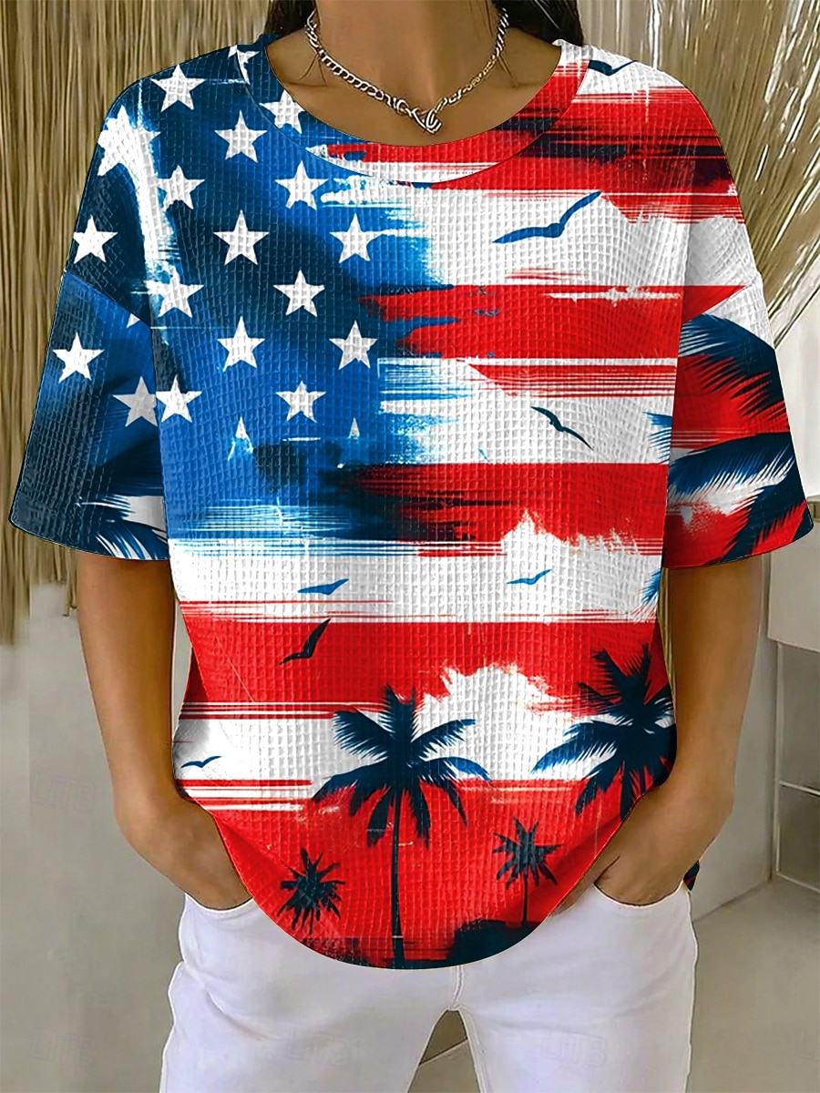 día de la independencia americana Mujer Camiseta con diseño de gofre Tops tejidos con textura Graphic Bandera estadounidense Elegante Clásico Manga Corta Cuello Barco Tops regulares Casual Diario 2026 - $21.99 –P3
