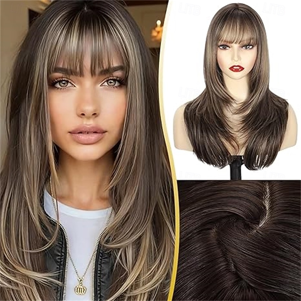 Straight Brown Wig with Bangs 20 Inch Medium Length Layered 