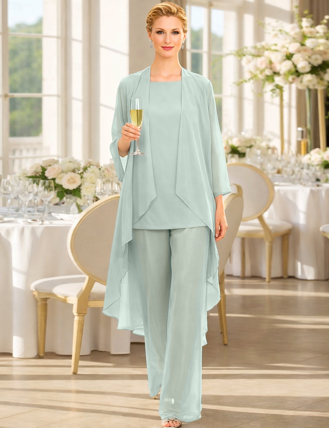 Traje de pantalón Traje de 3 piezas Hasta el Suelo Vestido de Madrina Sin Mangas Barco de cuello Elegante Talla Grande Bolero incluido Invitado a la boda Gasa Vestidos de chaqueta con Un Color 2026 - $137.99 –P8