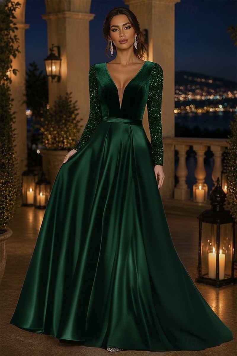 A-Line Floor Length Formal Dresses Mother of the Bride Dress Evening Gown Formal Dress Elegant Glittering Sparkle Long Sleeve V Neck Wedding Formal Satin Sequined with Solid Color 2026 - $182.99 –P5