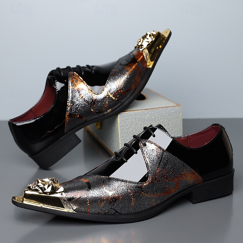 Męskie czarno-brązowe abstrakcyjne buty typu derby z metalowym noskiem, eleganckie buty sznurowane dla stylowych mężczyzn, na wesela, imprezy, bale maturalne i występy sceniczne 2026 - $46.99 –P3