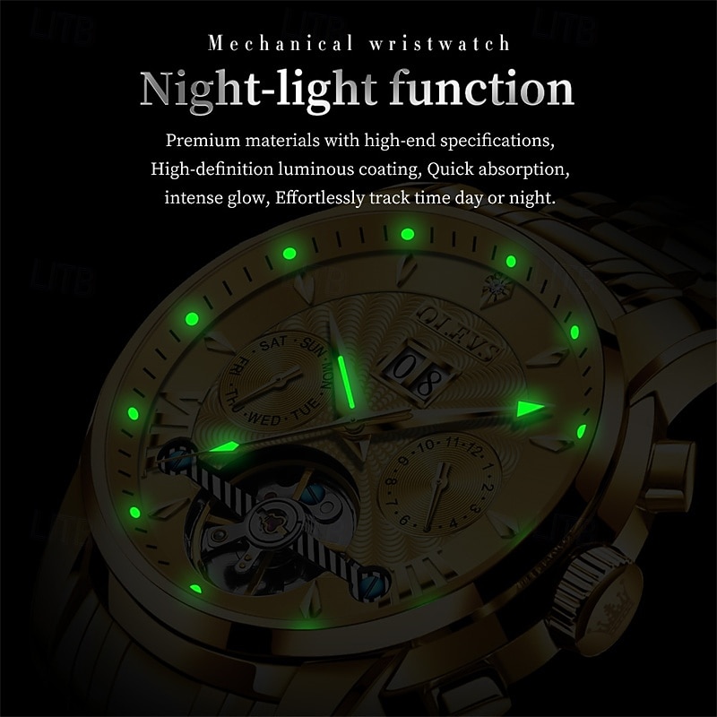 Men's Luxury Automatic Mechanical Watch, Two Tone Stainless Steel, Blue Dial Skeleton Tourbillon Style, Self-Winding Business Wristwatch with Big Date Day 24H Waterproof Luminous Gift for Him 2026 - $96.99 –P10