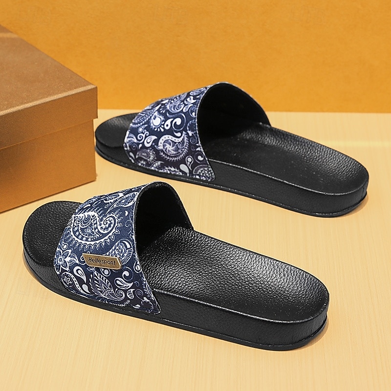 Sandalias planas azules con estampado paisley para hombre, puntera abierta, ligeras y cómodas, ideales para vacaciones en la playa, en el resort, para el ocio junto a la piscina y para relajarse a diario. 2026 - $26.99 –P3