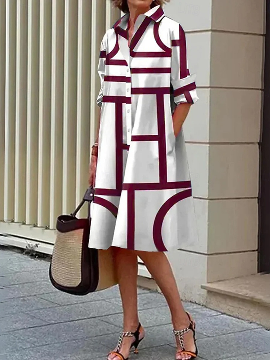 Damen Midikleid A Linie Kleid Figurbetontes Kleid Urlaub Geburtstag Lässig Strand Ausgehen Normale Passform Grafik Geometrisch Langarm Revers Blau Schwarz Rote Sommer Frühling 2026 - $48.99 –P2