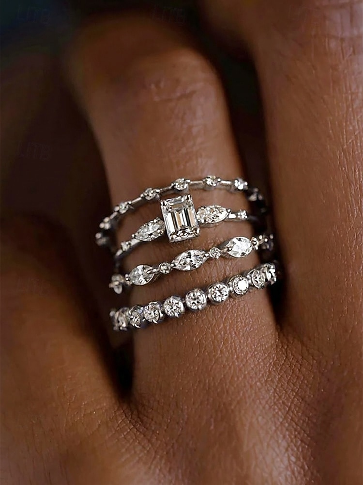 Conjunto de 4 anéis de cristal empilháveis para mulheres, estilo boho, banhados a ouro/prata, joias elegantes para praia e uso diário. &roupa de festa de 2026 por $11.99 –P8
