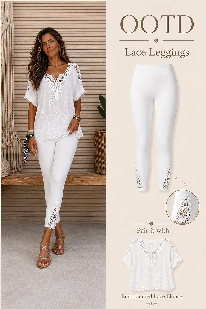 Mujer pantalones cortos capri Polainas Leggings cómodos Vacaciones Moda estilo costero de la abuela Hasta el Tobillo Media cintura Color sólido Encaje Comodidad Elástico Diario Casual Diario Negro 2026 - $10.99 –P1